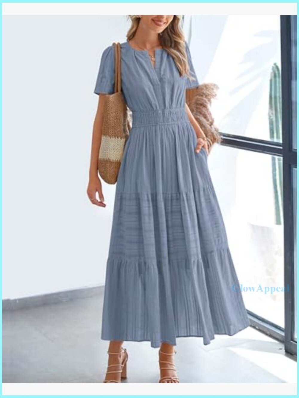 Lightweight Cotton Maxi Dress with Pockets, Elastic Waist, V-Neck, Short Sleeve - Picture 2 of 7